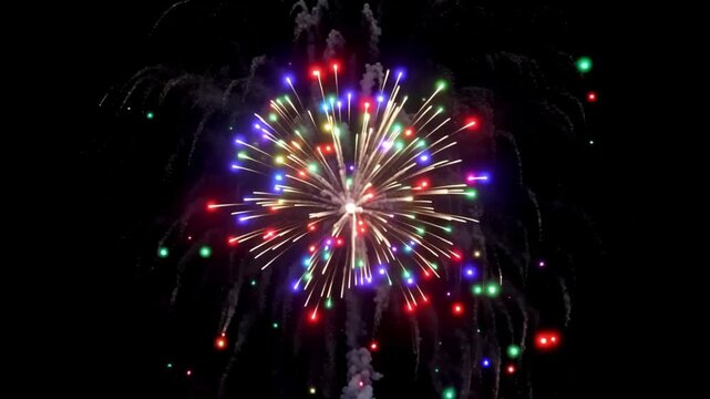 A single bright firework explosion with colorful sparks against a black background.