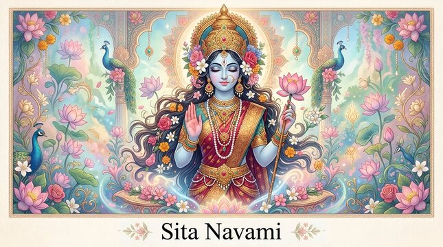 Illustration of stylized goddess sita portrait for sita navami celebration.