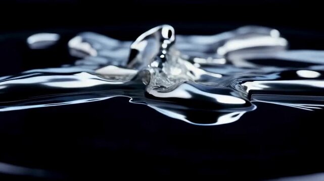Close-up of liquid metal or mercury flowing on a dark surface.