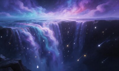 Fototapeta premium Majestic cosmic waterfall cascades from a vibrant nebula sky, illuminating an ethereal fantasy landscape with shimmering stardust and celestial glow