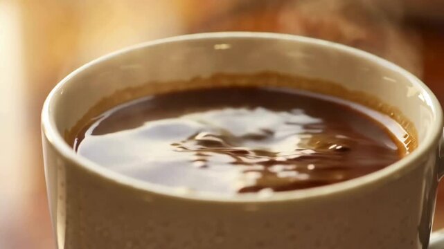 Close-up of hot black coffee being poured into a white mug, with steam rising against a warm, soft background.