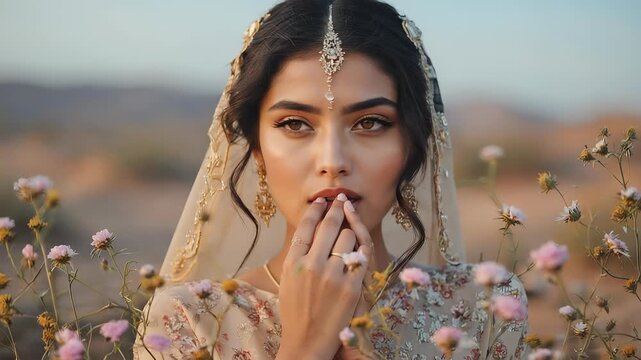Middle Eastern woman wearing delicate floral dress touching petals softly while standing among blooming wildflowers in warm desert landscape after rainfall. Romantic nature concept