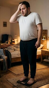Middle Aged Overweight Man Standing On Digital Scale In Bedroom With Disbelief At His Weight Wearing White TShirt And Black Sweatpants In Warm Cozy