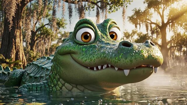 Cute 3D Cartoon Alligator Smiling in a Sunny Swamp Bayou