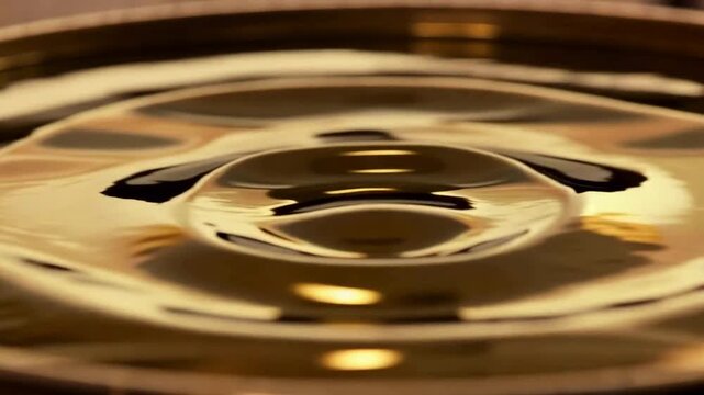 Macro close-up of a single water droplet falling into a golden liquid, creating beautiful concentric ripples.