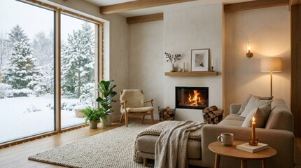 Naklejka premium A cozy, minimalist living room with a fireplace, a large window, and a comfortable sofa.