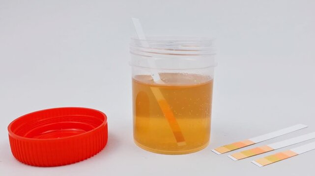 Hand in glove dipping a urine test strip into a sample