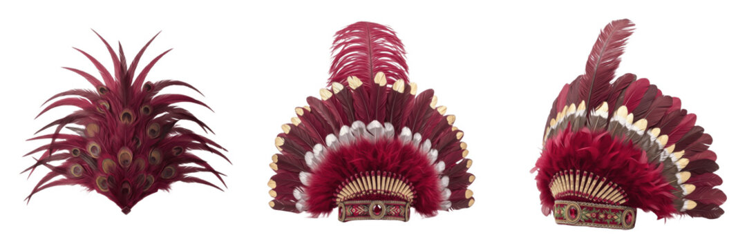 Set of Ornate Red Feather Headdresses and Carnival Plumes Isolated on Transparent PNG Background
