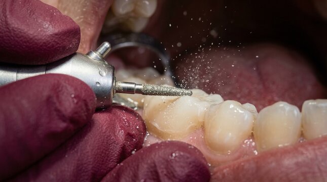 Dentist drilling tooth with dental drill, close up