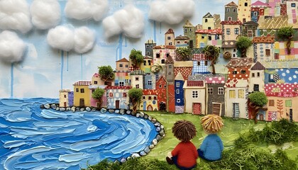 Fototapeta premium A colorful illustration of two children sitting on a grassy hill overlooking a vibrant seaside town with buildings and a body of water