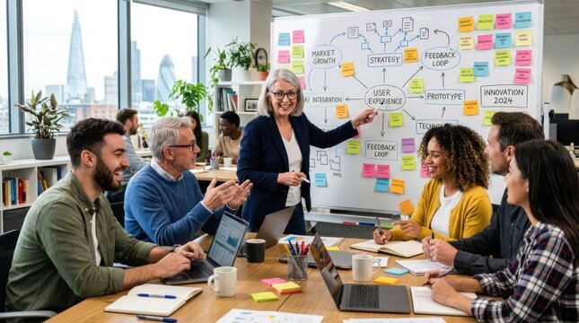 A diverse group of people engaged in a brainstorming session at a whiteboard, discussing a complex mind map with various concepts and ideas.
