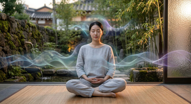 Serene Digital Wellness Waves and a Meditating Person's Peaceful Moment
