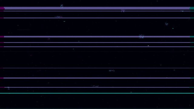 Glitch lines overlay video effect with pixel noise on dark background. Signal distortion and interference pattern. Digital error effect and data transmission disruption concept