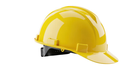 Fototapeta premium A bright yellow construction helmet with a black chin strap. isolated on transparent background