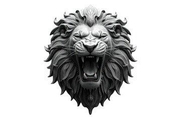 Roaring lion head sculpture depicting power, strength, and courage, black and white monochrome with transparent background