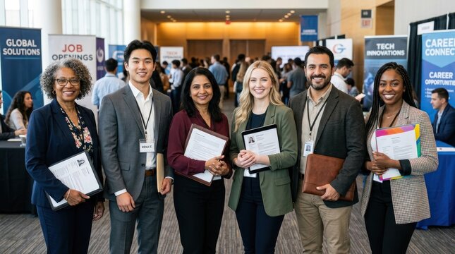 A group of six individuals standing in a conference room, holding papers and folders, with a backdrop featuring job openings and technology solutions.