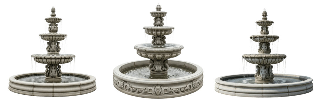 Set of Classical Tiered Stone Garden Water Fountains Exterior Ornament Isolated on Transparent PNG Background