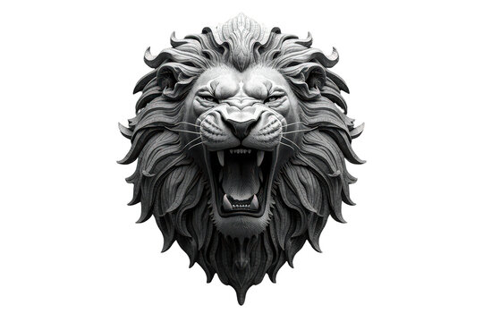 Roaring lion head sculpture depicting power, strength, and courage, black and white monochrome with transparent background