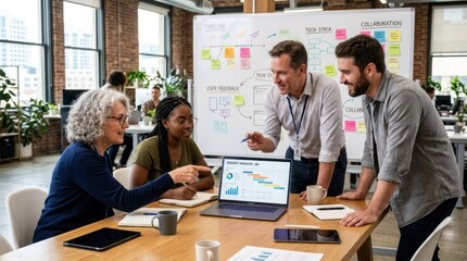 Fototapeta premium A diverse group of business professionals discussing a project at a conference table in a modern office setting.
