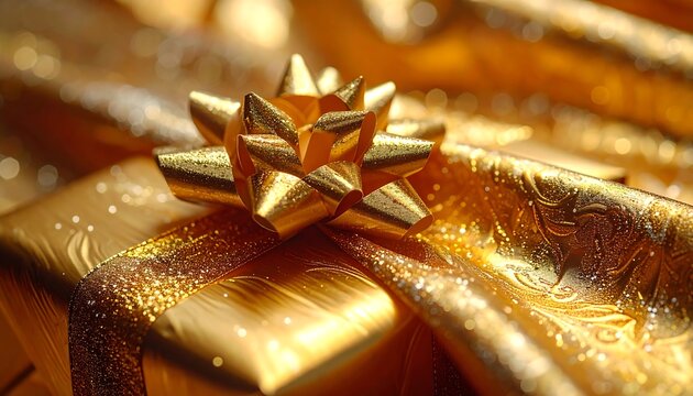 Close-up of a festive gift, wrapped in ornate, shiny gold paper and a matching bow. Soft focus on the bow