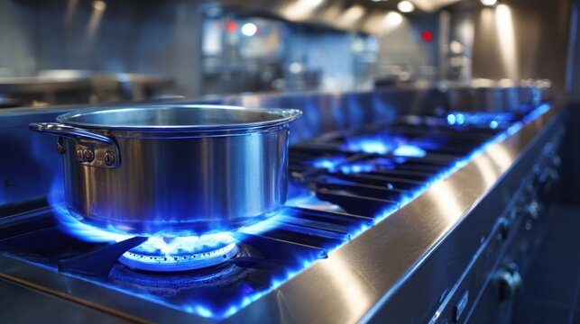 A blue flame gas burner heats a stock pot in a professional kitchen while an intense side light enhances details of the scene.