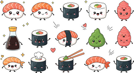 Cute kawaii sushi characters collection with salmon nigiri maki soy sauce wasabi cartoon food mascot vector illustration set © Sumon Creative