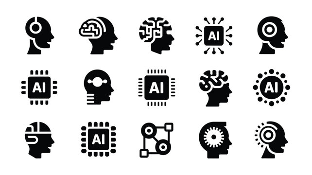 Artificial intelligence icons set black silhouettes of human heads with ai and brain symbols on white background