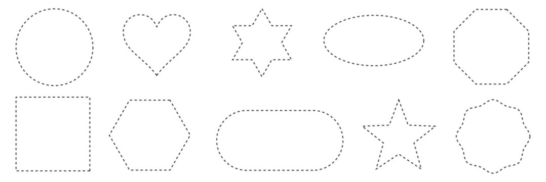Set of dashed line basic geometric vector shapes. dotted outline of circle, rectangle, square, triangle, heart and star. Icon of cut frame. geometric shape vector art . Vector Illustration . EPS 10 .