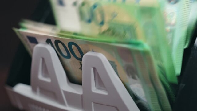 Counting machine processing stacks of &euro;100 bills in office. Finance and accounting concept.
