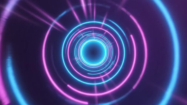 Neon light tunnel with glowing rings