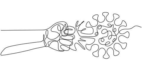 Continuous line drawing of a fist punching a virus representing the fight against covid-19 isolated, illustration, vector.