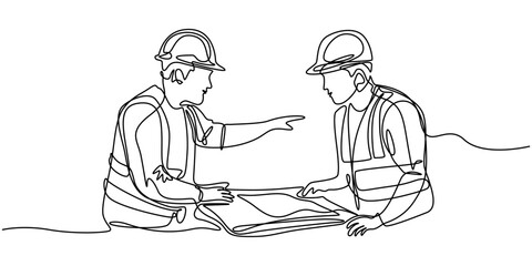 Continuous one line drawing of two construction workers in hard hats and safety vests pointing vector, Two male engineers standing in hard hat Continuous one line drawing, two construction workers