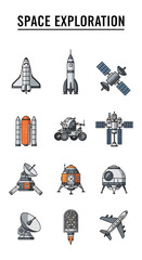 Collection of flatdesign icons related to space exploration vehicles and technology © Fauzan Adzima