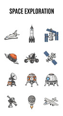 A grid of twelve distinct lineart icons representing various space exploration technology elements © Fauzan Adzima