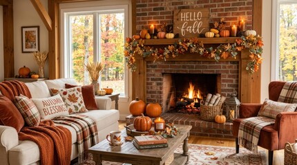 Naklejka premium A cozy autumnal living room with a fireplace, plaid couches, and a variety of fall decorations.