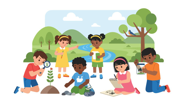 Vector illustration of children learning and exploring nature outdoors, featuring activities like drawing, insect study, and observation.