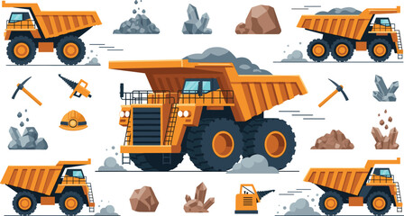 Mining dump truck set with heavy machinery and rocks, industrial construction vehicle illustration collection for excavation and quarry operations design © EdGe Creative