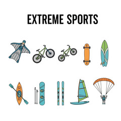 Naklejka premium Illustration of various extreme sports equipment and a wingsuit flyer