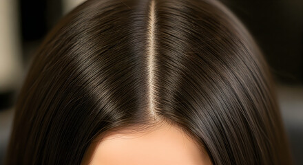 Fototapeta premium Close up view of the top of a woman's head showing a clean middle part in her dark brown hair style
