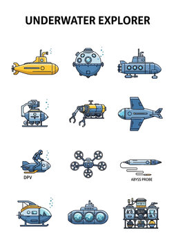 Collection of 12 lineart icons depicting various underwater exploration vehicles and devices