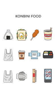 Illustration of various Japanese convenience store konbini food and related items