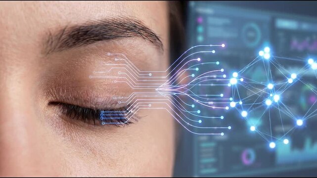 Human eye merged digital symbiosis concept. Close up of closed human eye with digital futuristic technology and data visualization concept