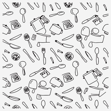 Kitchen utensils seamless pattern, Cooking tools background wallpaper, Culinary tools repeat texture, Seamless kitchen fabric design, Hand drawn utensils pattern, Kitchenware decorative background vec