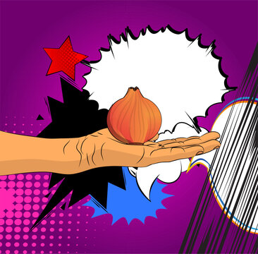 Cartoon, comic book human hands holding Onion. Retro vector comics pop art design.