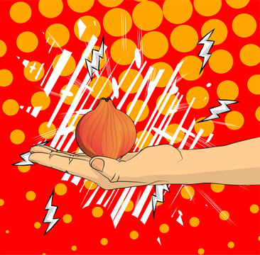 Cartoon, comic book human hands holding Onion. Retro vector comics pop art design.