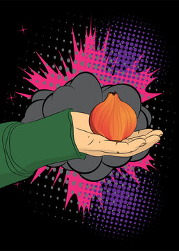 Cartoon, comic book human hands holding Onion. Retro vector comics pop art design.
