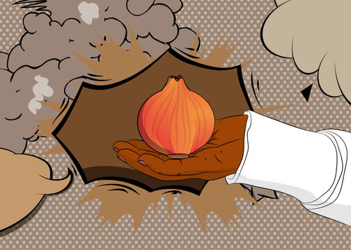 Cartoon, comic book human hands holding Onion. Retro vector comics pop art design.