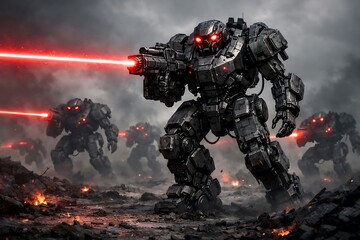 Naklejka premium Dark Futuristic Robot Firing Laser During an Intense Battle with Other Mechs