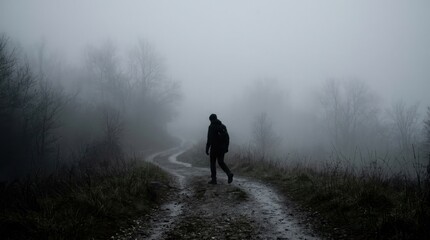 Naklejka premium A person walking on a foggy path in a forest, with trees and a cloudy sky in the background.