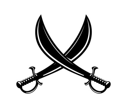Crossed battle pirate sabers icon, corsair sword blades and daggers cross. Vector black pirate weapon emblem, symbol of swashbuckling fights, war, danger, adventure and daring voyages on the high seas